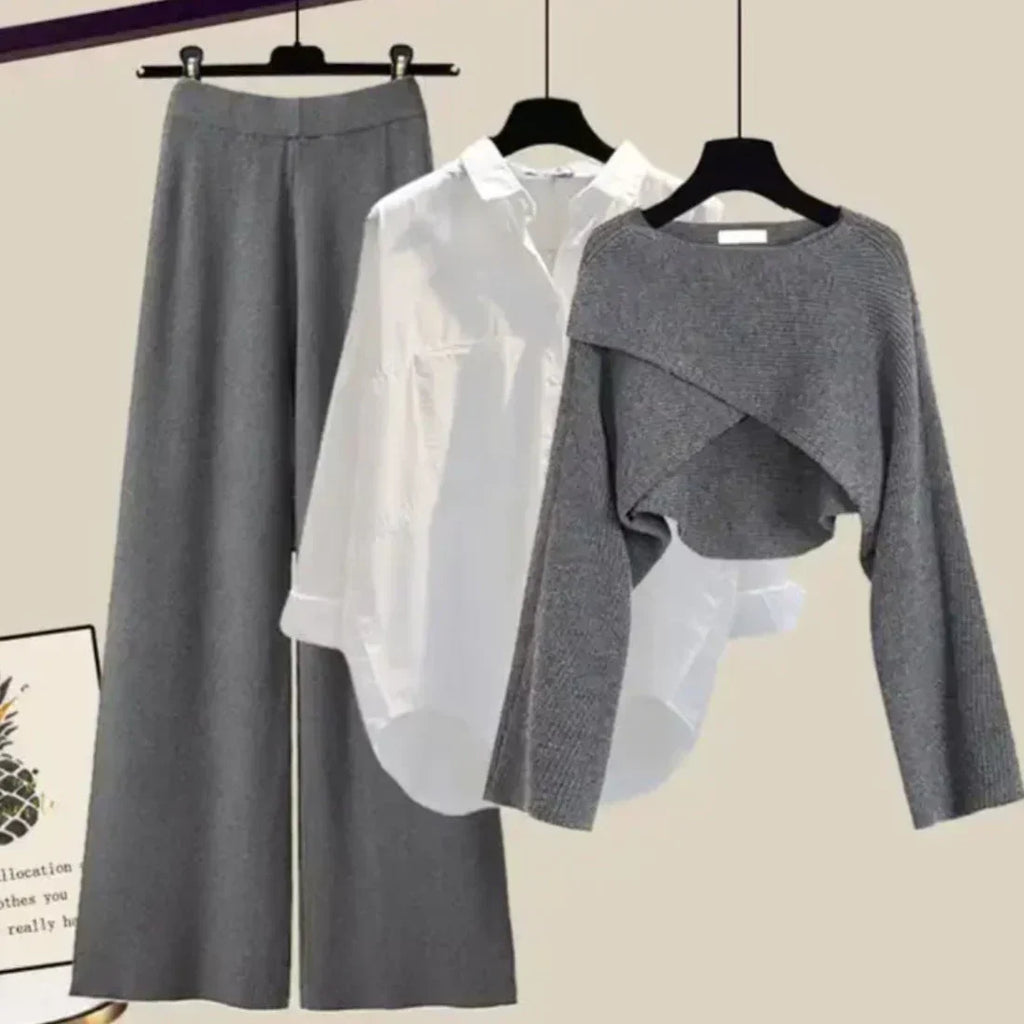2-delige grijze damesset - stijlvolle cropped trui en broek met wijde pijpen