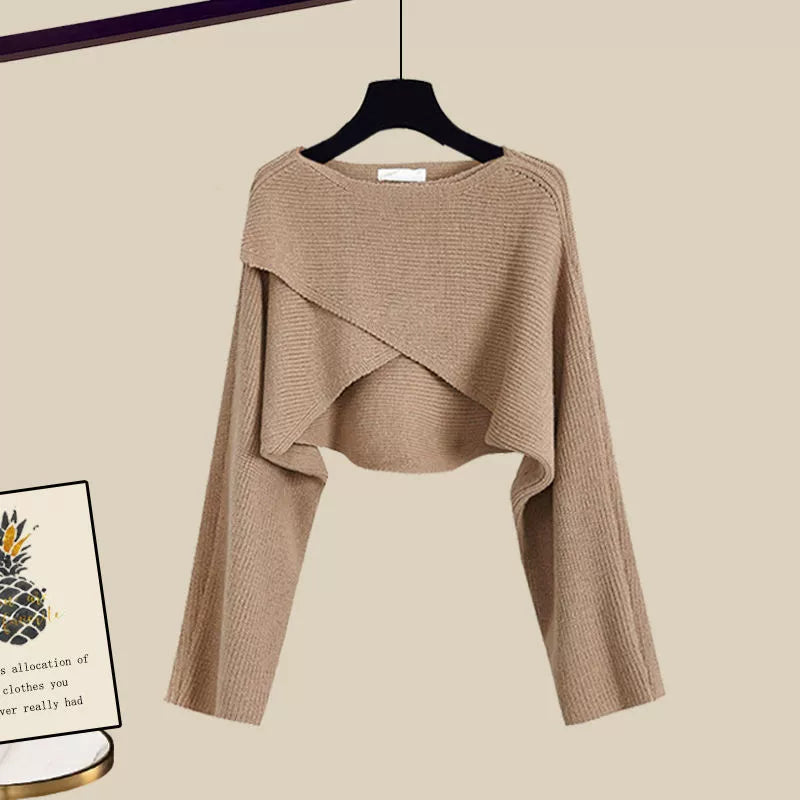 2-delige grijze damesset - stijlvolle cropped trui en broek met wijde pijpen