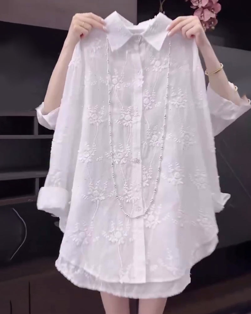 Anneliese™ | Embroidered Solid Color Shirt with Dropped Shoulders